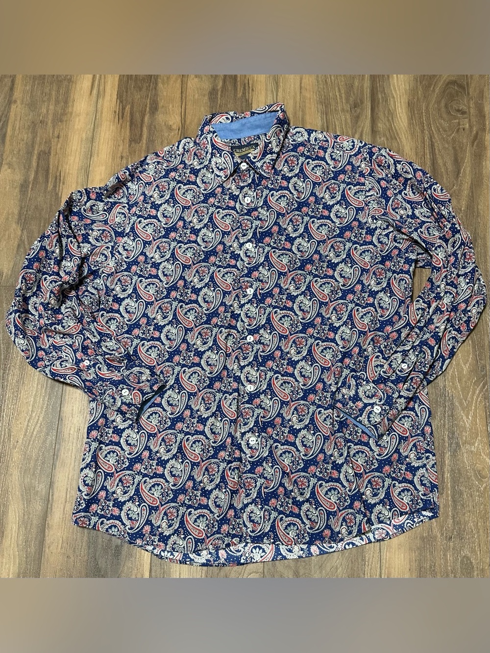 Cremieux Premium Denim Men’s Long Sleeve Button Paisley Retro Shirt XL Navy